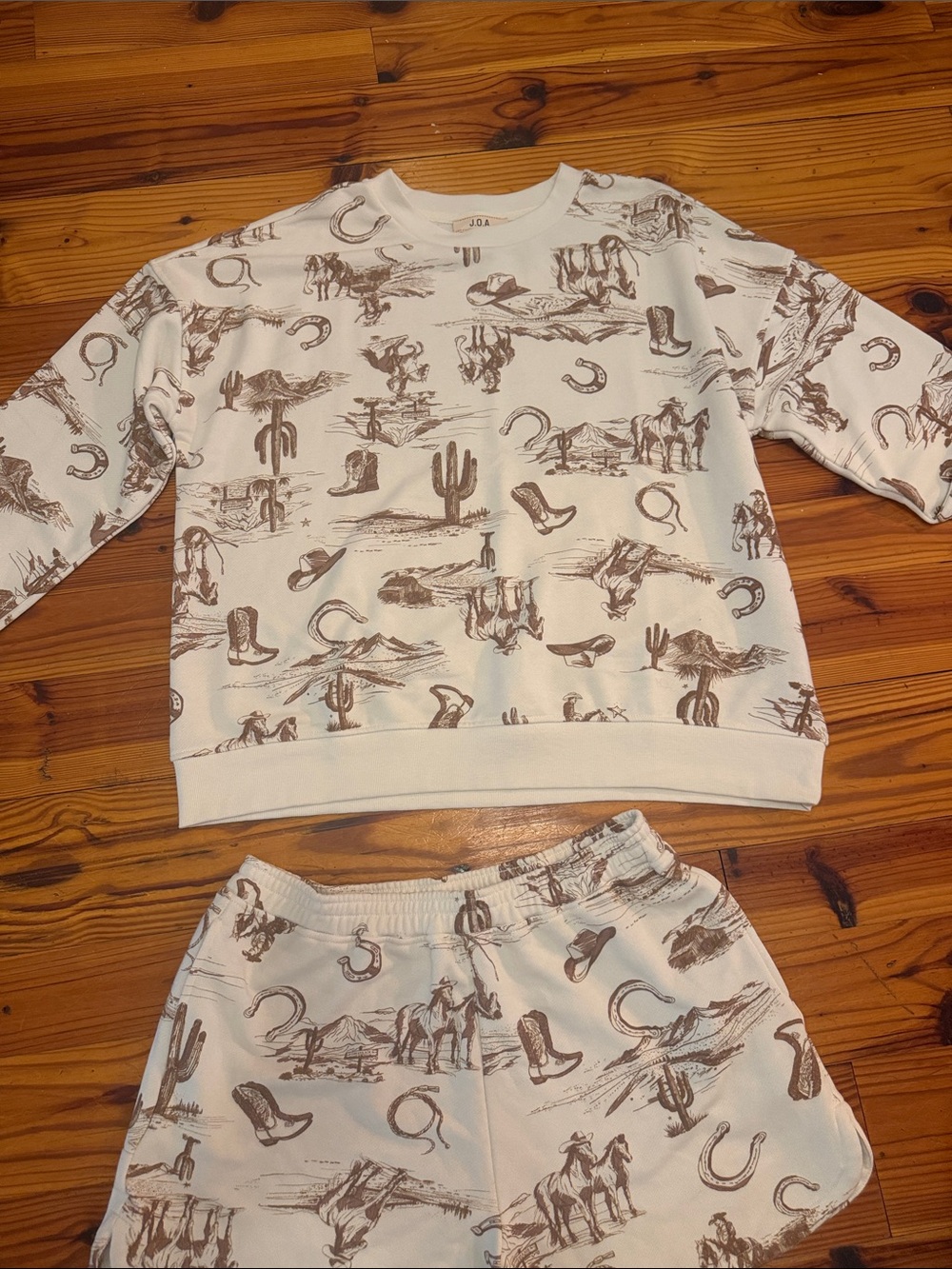 J.O.A. Cream Sweatshirt and Shorts Set with Brown Western Print - Picture 3 of 3